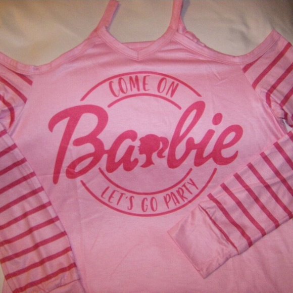 Barbie Come On Let's Go Party Pink Cold Shoulder Knit Top & Earrings Womens Size - Picture 8 of 14